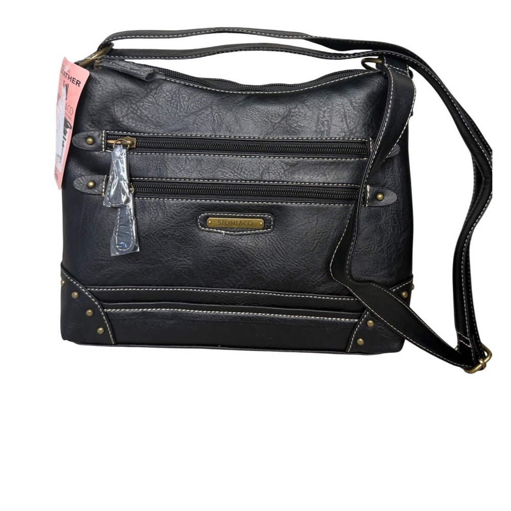 Stone & Co Black Bonded Leather‎ Crossbody Bag Multi Pocket Adjustable Strap NEW